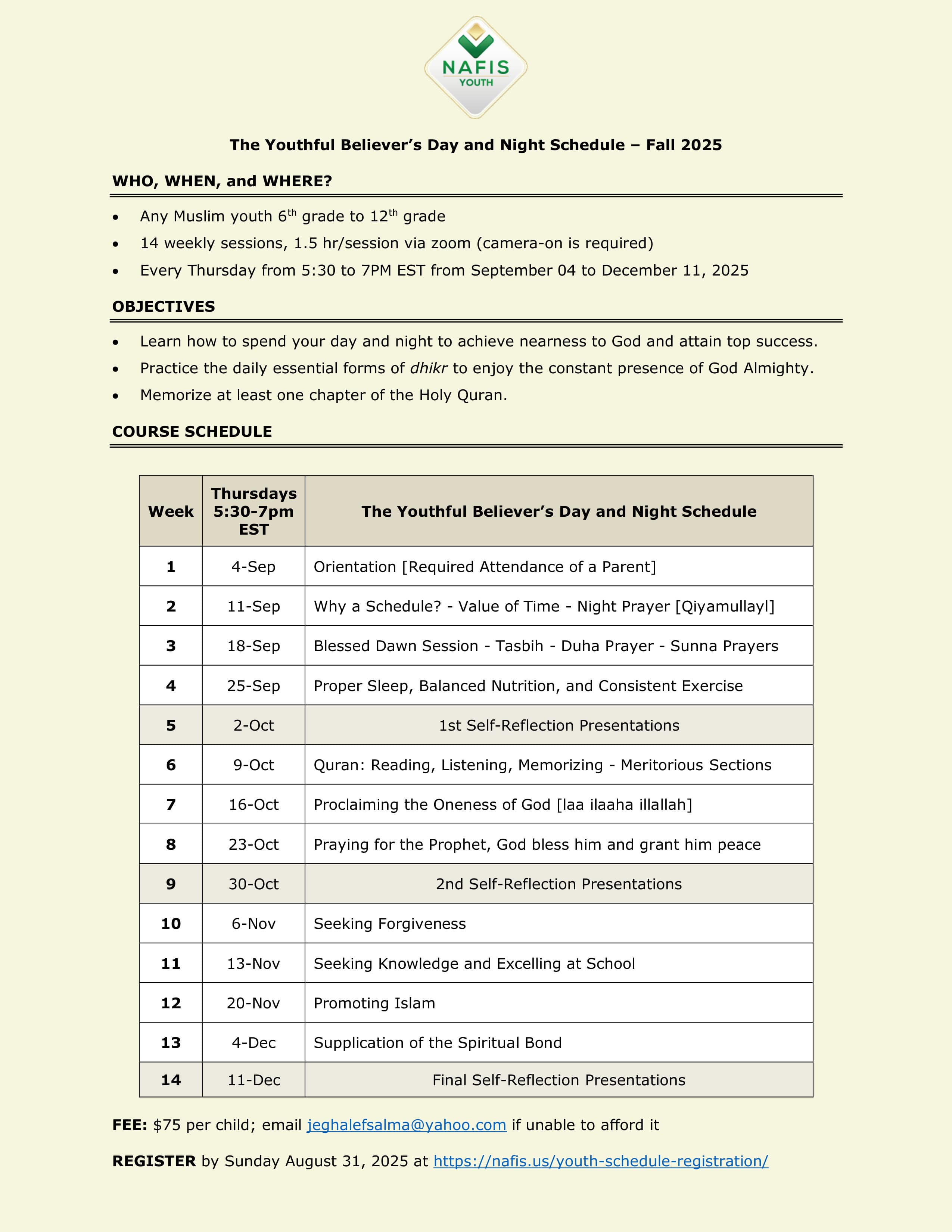 The Youthful Believer’s Day and Night Schedule – Fall 2025